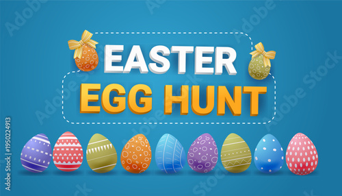 Easter egg hunt colorful decorated eggs blue background festive holiday celebration banner template