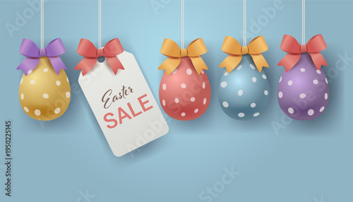 Easter eggs hanging with bows pastel polka dots festive holiday decoration blue background promotional tag banner