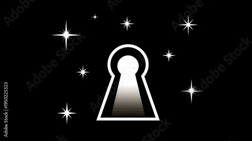 Black background with keyhole and radiating stars, depicting mystery and illumination