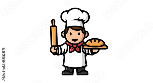Cartoon baker holding rolling pin and loaf of bread