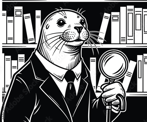 Seal in suit holding magnifying glass in front of bookshelf black and white