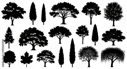 Collection of various tree silhouettes.