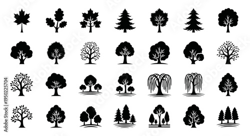 Collection of various tree silhouettes.