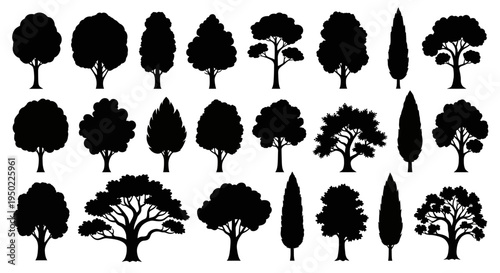 Collection of various tree silhouettes.