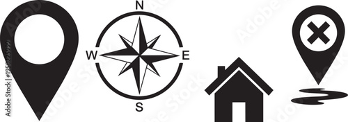 Black silhouette icons of map pin, compass, house, and marked location showing navigation