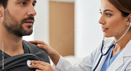 Female medical professional examines a bearded male patient's chest using a stethoscope