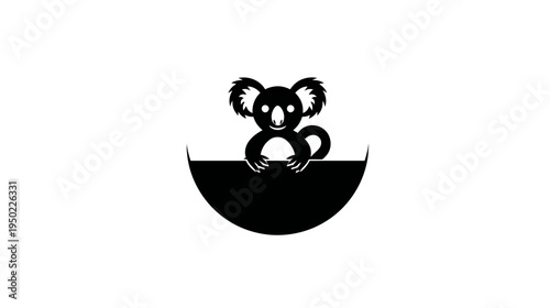 A monochrome illustration of a koala bear emerging from a curved black surface