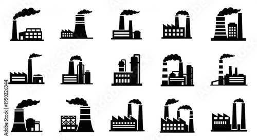 Silhouetted Factory Icons - Industrial Buildings with Smoke Stacks.