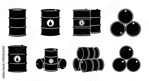 Collection of Black and White Oil Barrel Illustrations.