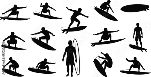 Black silhouette collection of professional surfers performing various maneuvers on surfboards isolated on white background for summer sports and beach lifestyle design themes (25 words)