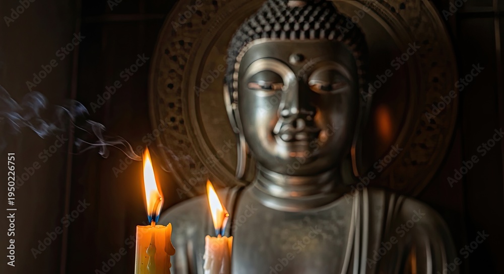 Obraz premium Buddha statue with burning candles closeup.