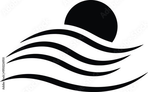 A minimalist black and white vector icon depicting a stylized ocean wave with a rising sun above