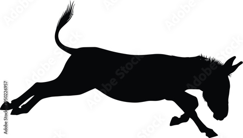 Black Silhouette of a Galloping Donkey Isolated on White Background Representing Farm Animal Motion Domestic Equine Livestock Running and Jumping in Minimalist Vector Style