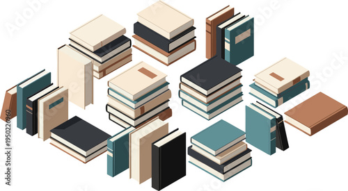 Stacked books in various colors and sizes on white background book piles reading library education