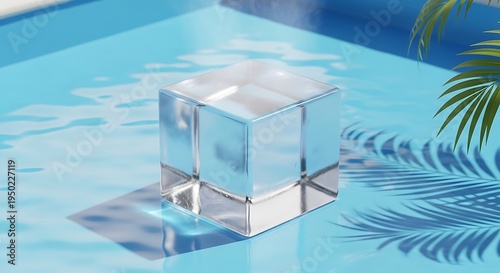 Transparent geometric block rests on rippling water surface near tropical foliage