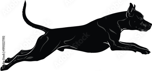Black silhouette of a muscular guard dog leaping or running in profile with pointed ears and long tail isolated on white background vector illustration (25 words)
