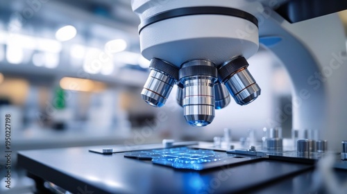 A microscope fitted with modern lenses, positioned above an illuminated specimen, is suitable for use in scientific articles or presentations as the primary visual aid for microbiological research.