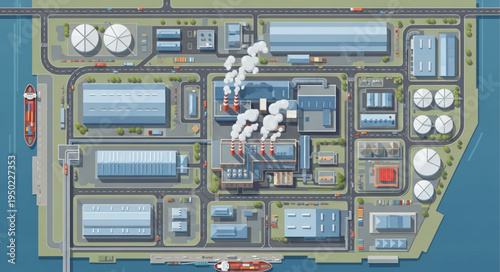 Aerial View of Industrial Complex with Storage Tanks and Smokestacks.