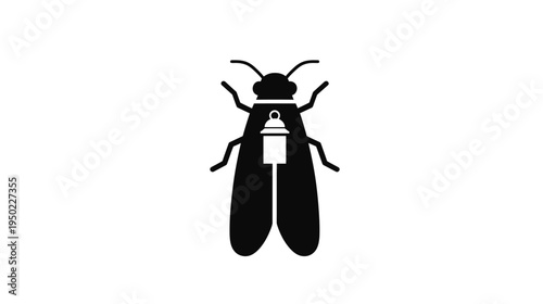A stylized black and white illustration of an insect with lantern on its abdomen