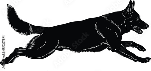 Black Silhouette of a Running German Shepherd Dog Isolated on White Background for K9 Police Security Service Training Pet Agility and Animal Rescue Illustration