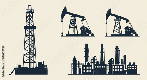 Silhouette of Oil Industry Infrastructure - Drilling Rig, Pumpjacks, and Refinery.