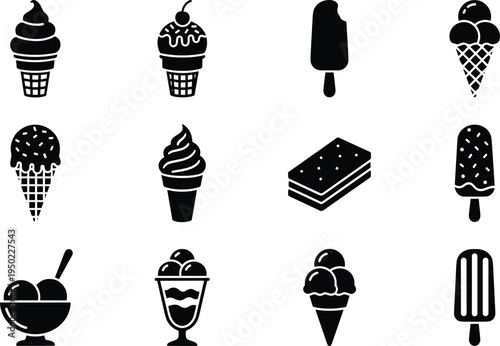 Collection of twelve black silhouette icons featuring popular ice cream treats including cones, sundaes, popsicles, bars, sandwiches, and desserts for food design illustration