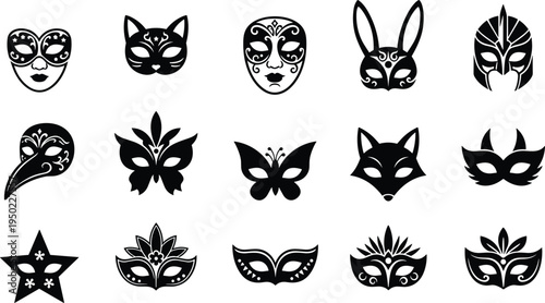 Collection of sixteen black and white stylized masquerade mask icons featuring animal, fantasy, floral, and traditional designs for costume parties, festivals, and theatrical performances
