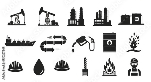 Oil and Gas Industry Icons - Extraction, Processing, and Safety.