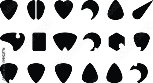 Collection of twenty unique black guitar pick silhouettes in various shapes including teardrop, heart, hexagon, and creative cutout designs for musicians and guitarists