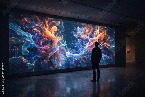 Visitor looks at colorful digital art display in modern gallery in the evening
