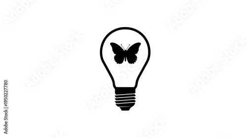 Black and white illustration of a lightbulb with a butterfly inside. Minimalist