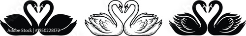 Elegant stylized swan pairs forming romantic heart shapes with necks, black and white feather linework, decorative love symbol illustration for wedding, romance, and Valentine’s themes