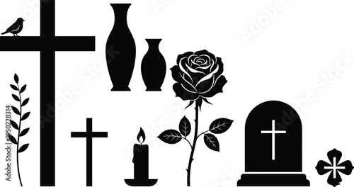 Funeral and remembrance silhouette icons set with cross, candle, rose, gravestone, vases, floral symbols, mourning elements for memorial, grief, tribute, and spirituality themes