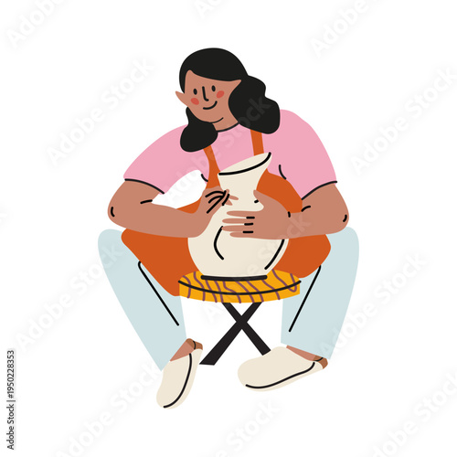 Creative woman artist painting a ceramic vase flat vector illustration. Young girl potter or sculptor working on a pottery wheel. Hobby and art studio concept in minimalist cartoon hand drawn style