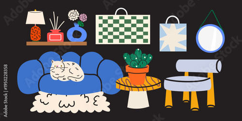 Cozy home interior flat stickers in cartoon retro style. Modern living room scene with a cat sleeping on a blue sofa, house plants, home decor and abstract shapes