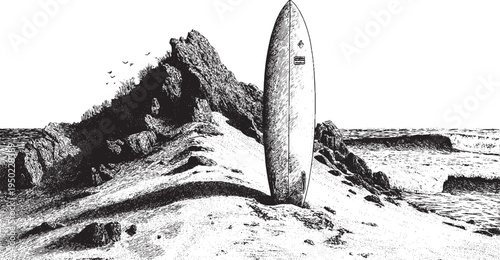 A surfboard stuck vertically in a pile of sand, minimalist vector illustration.