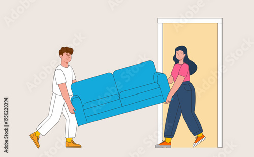 Couple carrying a blue sofa into new home, moving house and relocation concept, young man and woman moving furniture, minimalist flat vector illustration.
