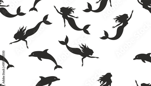 Seamless aquatic pattern featuring black silhouettes of mermaids and dolphins swimming gracefully in 