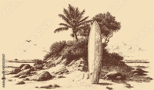 A surfboard stuck vertically in a pile of sand, minimalist vector illustration.