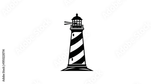 Black and white illustration of a lighthouse with striped body, and light beam detail