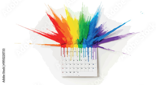 Close-up of a calendar with vibrant rainbow-colored paint splatters on a clean white background.