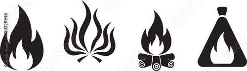  Black silhouette flame icons with fire campfire logs design abstract vector minimal style
