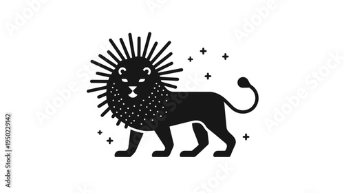 A stylized black lion illustration with radiant mane and stars on a white background