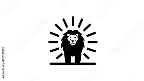 A monochrome image of a standing lion with a radiating halo, set on a flat base