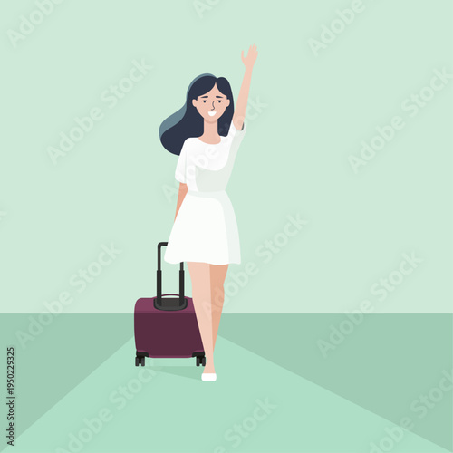 Happy young woman traveling with suitcase, waving hand at airport or station, summer vacation and tourism concept, minimalist flat vector illustration.