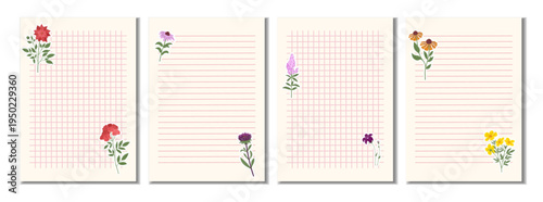 Minimal retro notebook paper backgrounds with grid and lined pages decorated with floral stickers. Vintage aesthetic stationery templates for planners, journaling, school notes and scrapbooking.