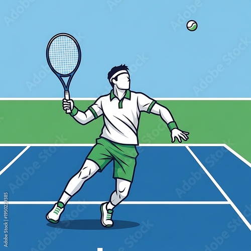 Athletic individual prepares to strike a small ball with a strung implement on a court surface