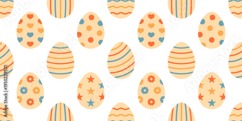 Seamless pattern with colorful decorative Easter eggs featuring stripes, hearts, dots, stars and flowers. Festive spring holiday illustration for background, wrapping, fabric, wallpaper. Hand drawn.
