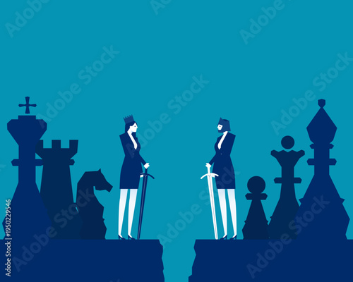 Global trade wars. Two traders with swords standing next to chess