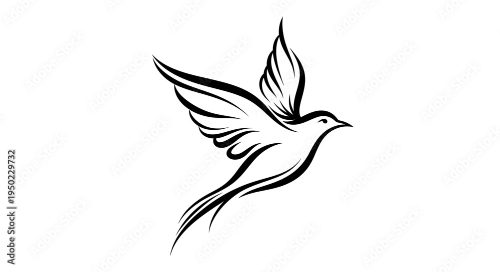 Fototapeta premium A graceful vector illustration of a flying white dove of peace silhouette with extended wings symbolizing freedom, nature, and love in a clean artistic sign design